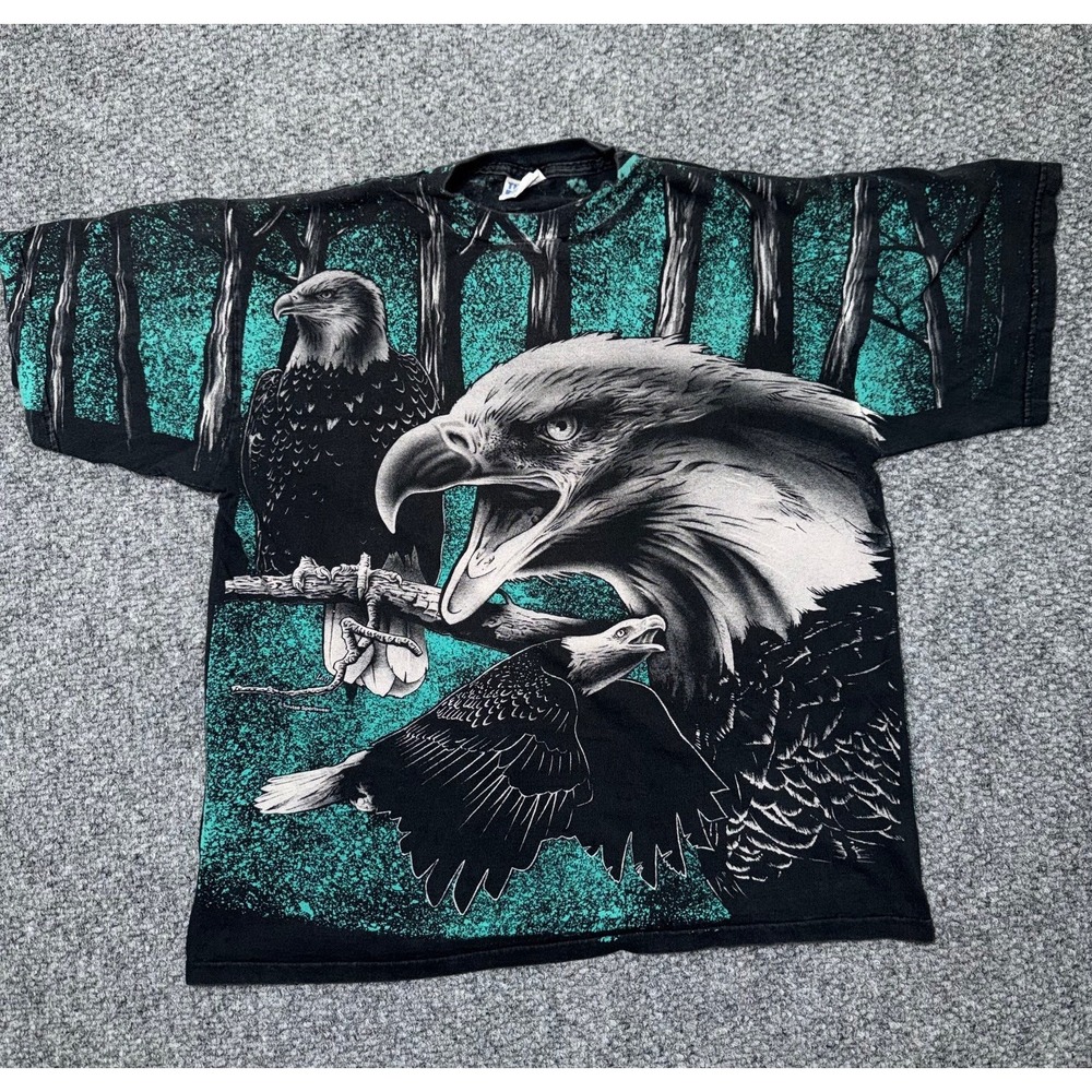 Tultex Men's Black Green Eagle AOP Graphic‎ Short Sleeve T-Shirt Size Large